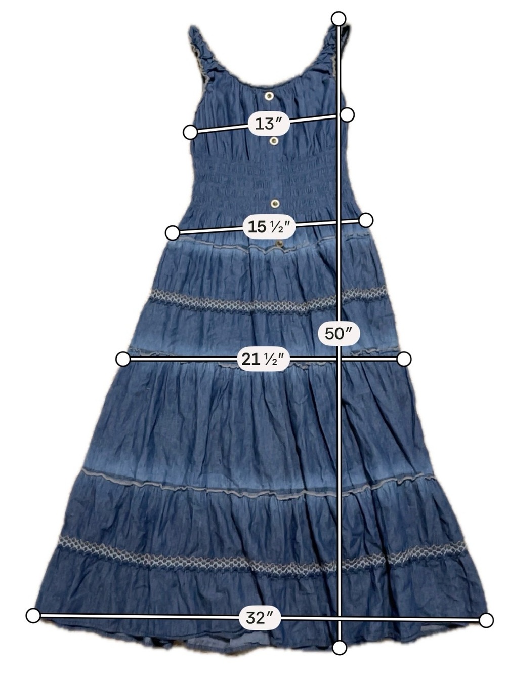 Lapis Anthropologie Blue Chambray Maxi Dress Tiered Smocked Waist Western PL - Picture 4 of 7